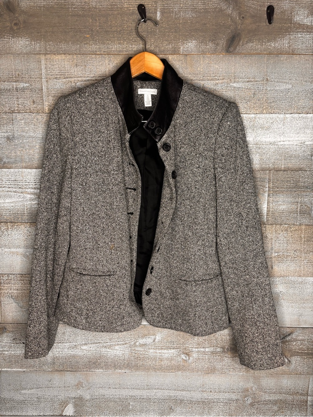 Charter Club size 10 silk wool Gray Tweed Blazer jacket with Black Trim